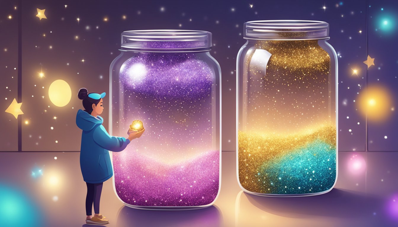 A person opens a package of edible glitter and pours it into a glass jar for storage. The glitter sparkles under the light, creating a mesmerizing display