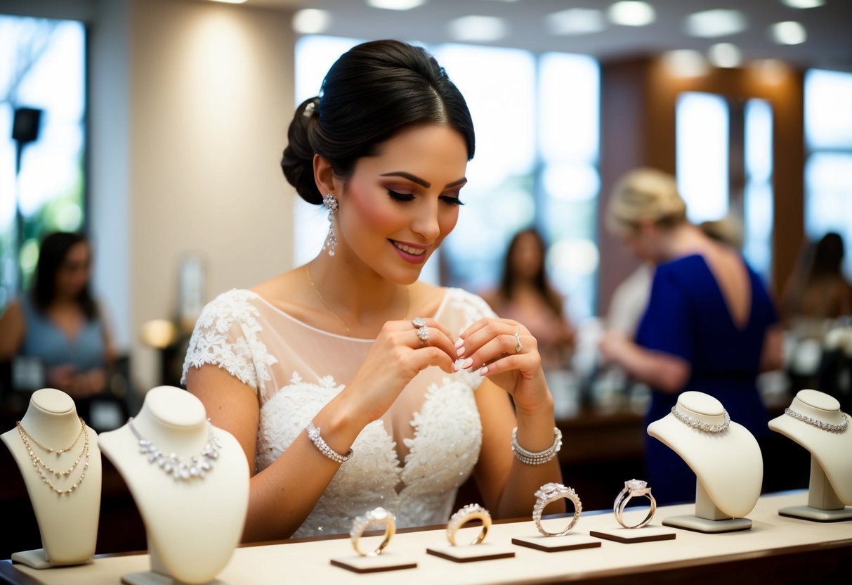 A bride browsing through various wedding bands at a jewelry store, trying on different styles and considering her options before making a purchase