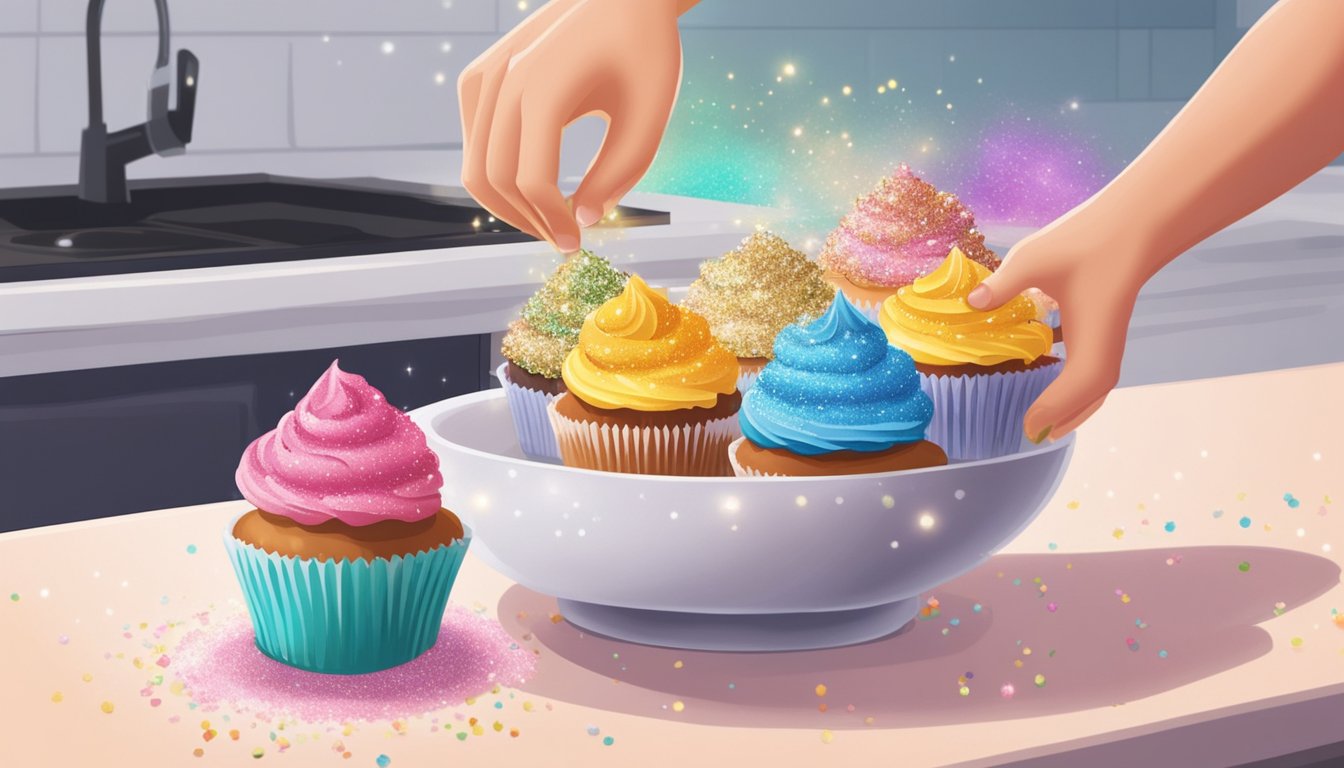 A bowl of colorful, sparkling edible glitter sits next to a plate of cupcakes on a kitchen counter. A hand reaches for a cupcake, with the glitter ready to be sprinkled on top