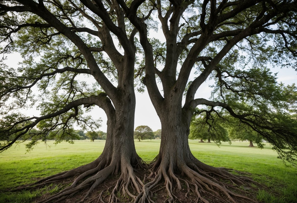 A pair of intertwined oak trees, their branches entwined and roots intermingled, standing strong and resilient against the passage of time