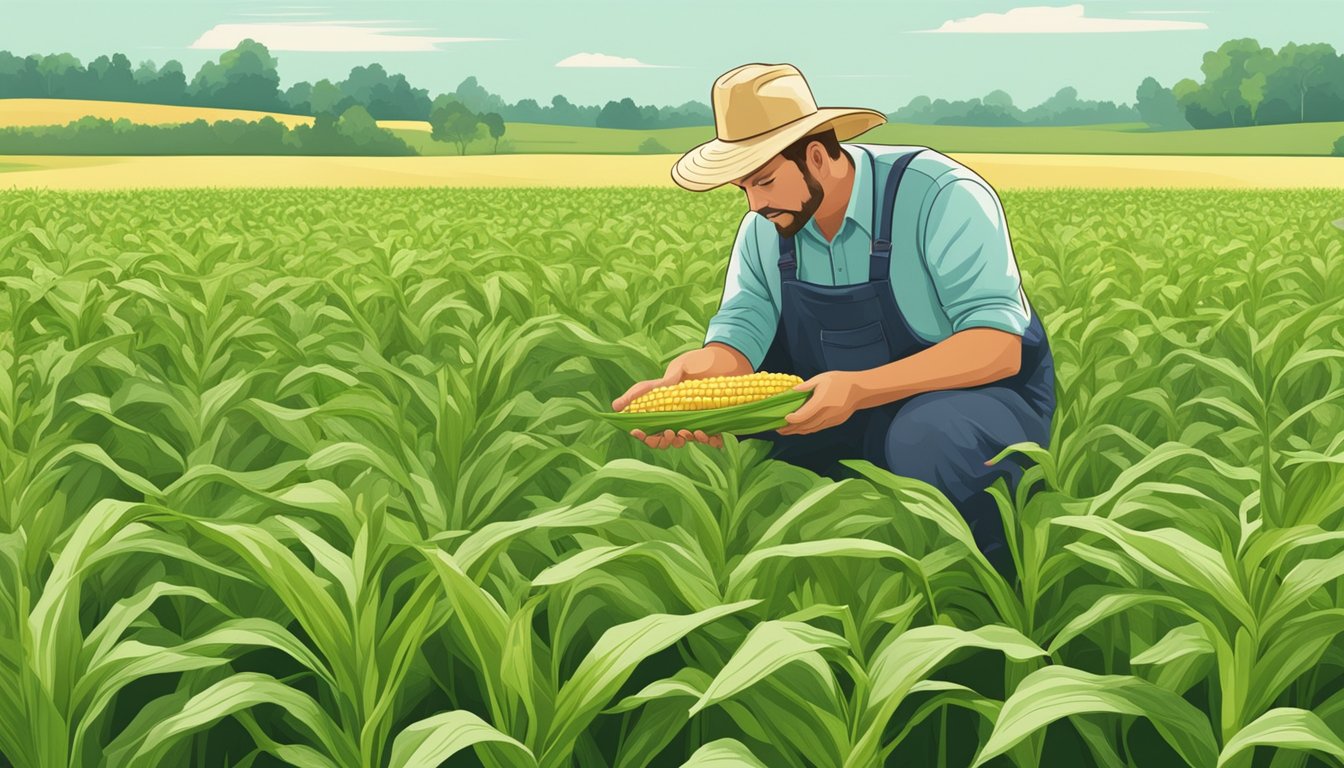 A farmer inspecting unripe corn in a field