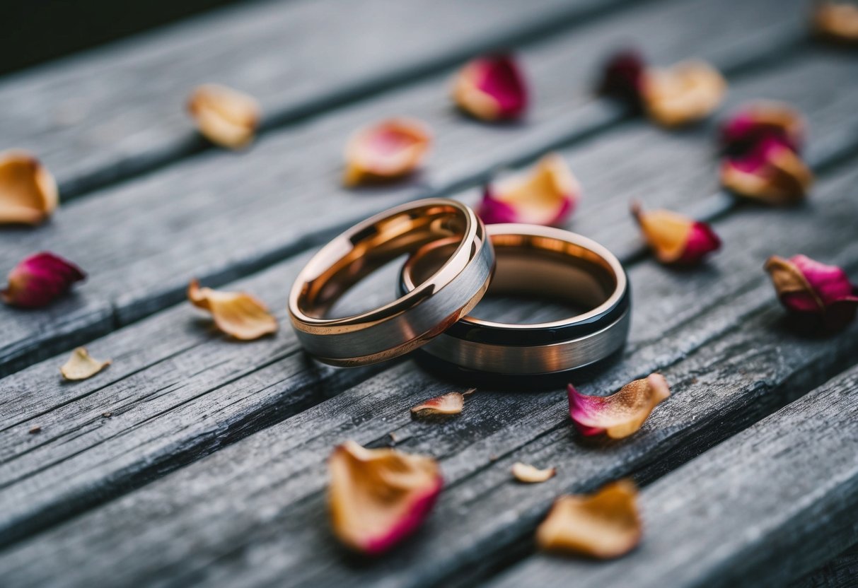 A pair of intertwined wedding rings resting on a weathered wooden surface, surrounded by a scattering of dried rose petals