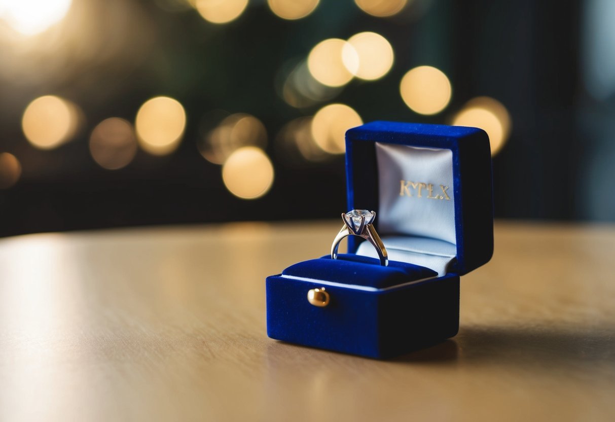 A small velvet box sits on a table, bathed in soft light, revealing a sparkling diamond ring nestled inside