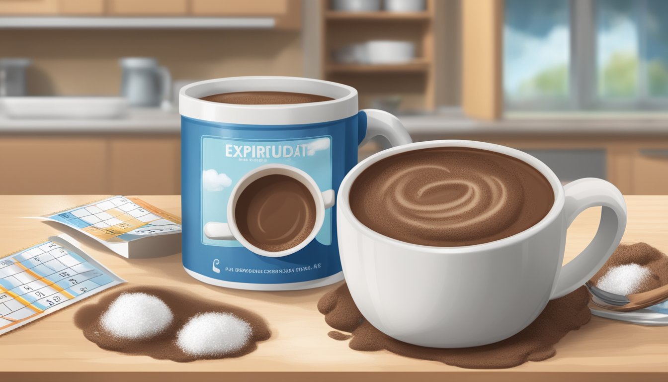 A mug of expired hot chocolate mix sits on a kitchen counter next to a calendar showing the date it expired. A cloud of dust rises from the opened package