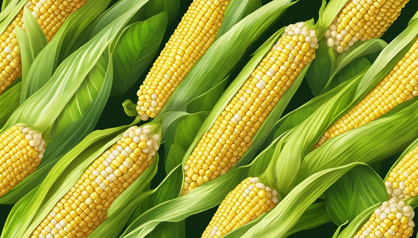 A cob of raw corn surrounded by lush green husks, with golden kernels glistening in the sunlight