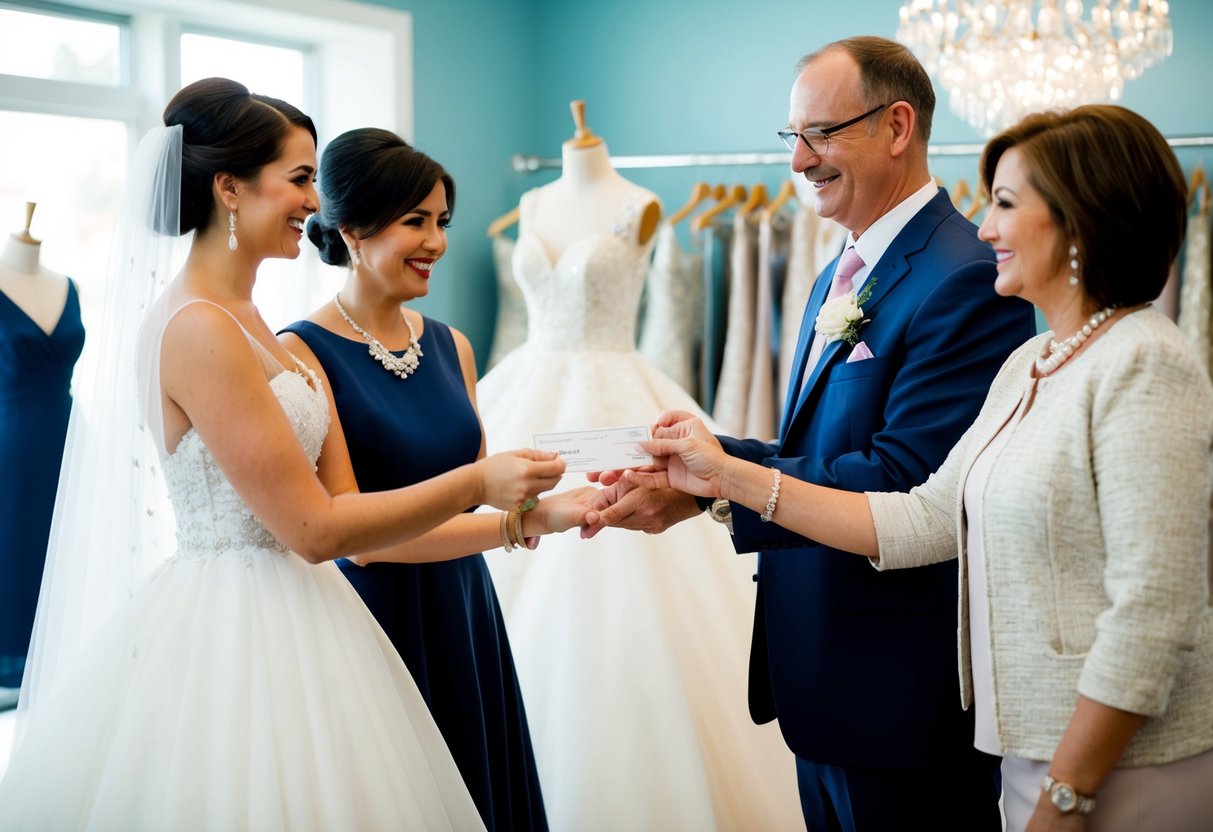 A bride's family handing over a check to a dress designer in a bridal boutique