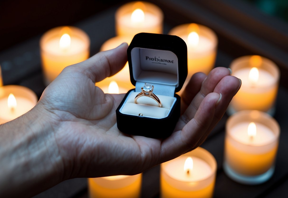 A hand holding an open ring box, surrounded by soft candlelight