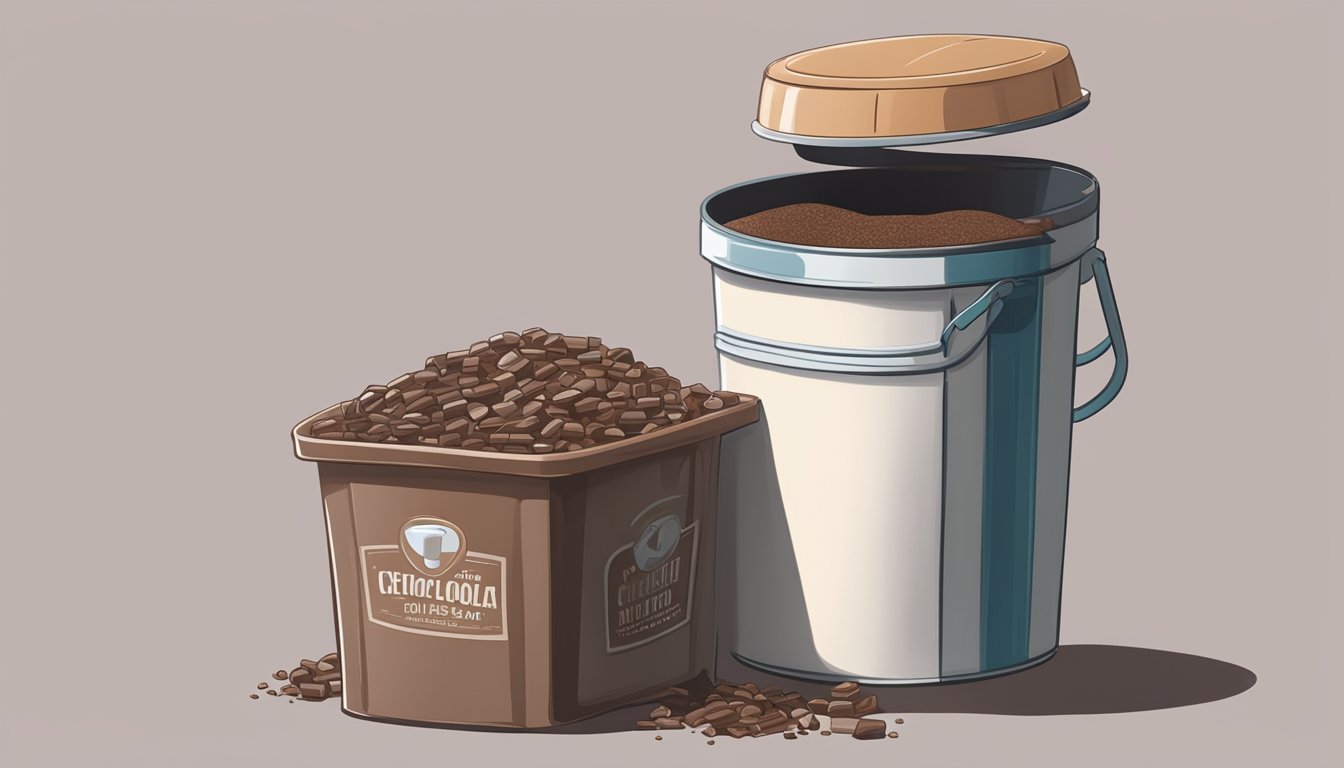 A shelf with expired hot chocolate mix next to a trash can