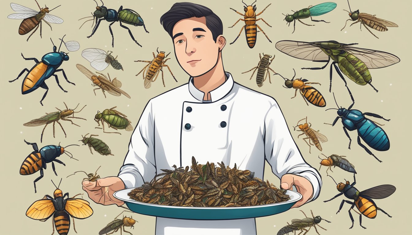 A person holding a plate of cooked edible insects, with a curious expression on their face, surrounded by various types of insects and a sign reading "Entomophagy"