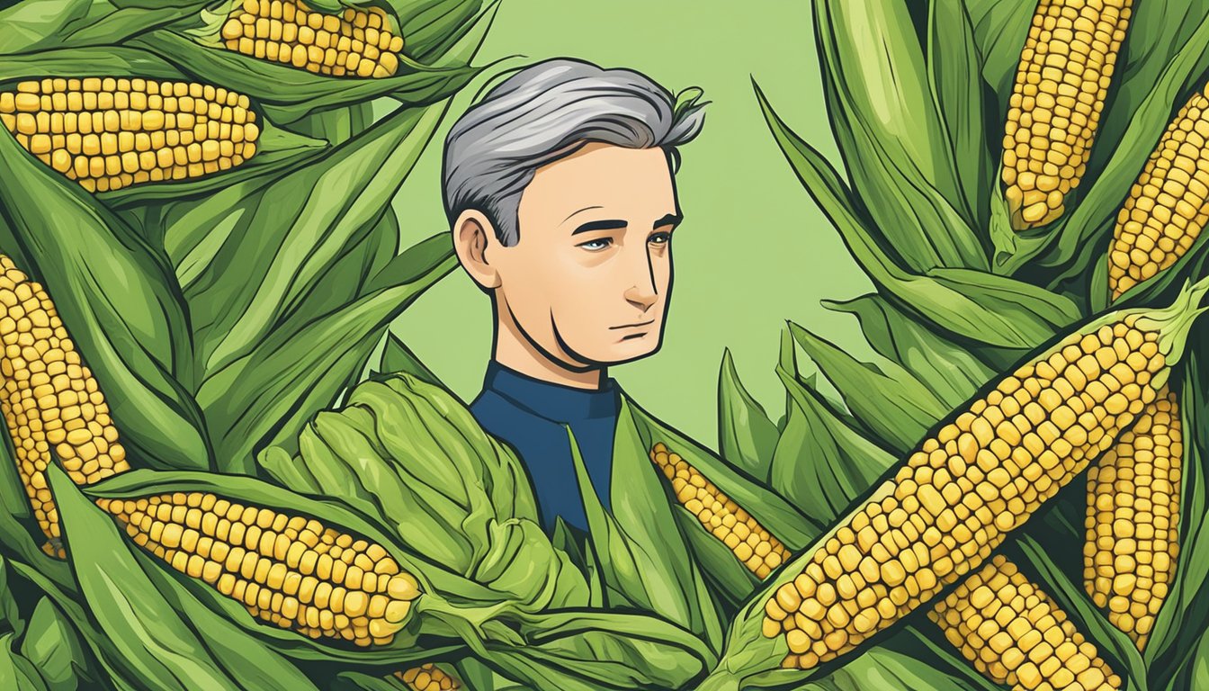 A person examining unripe corn, with a question mark above their head, surrounded by images of stomach discomfort and a warning sign