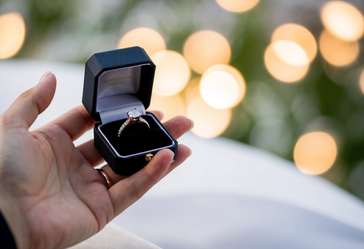 A hand holding an open ring box, with a sparkling engagement ring inside, set against a romantic background