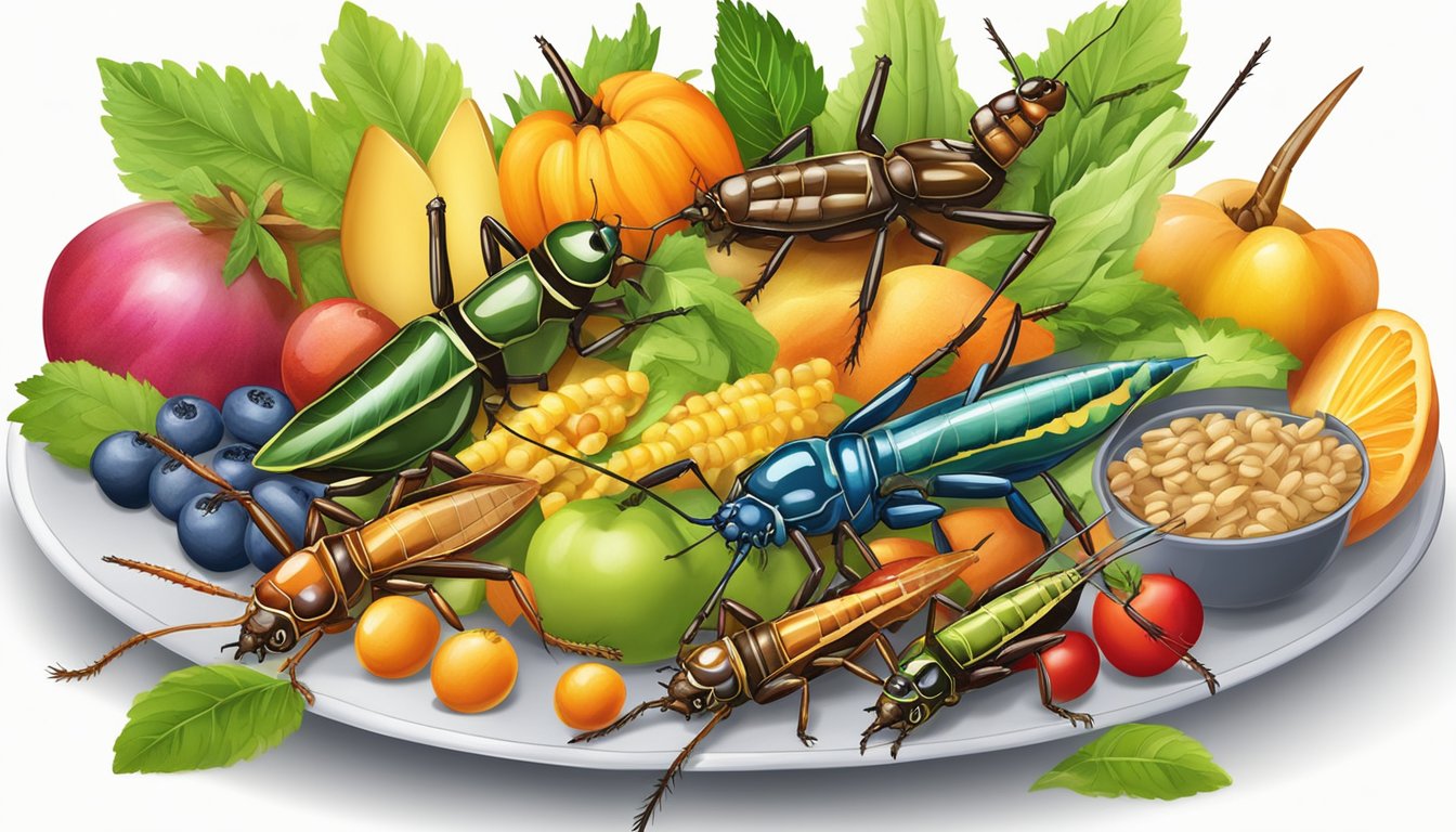 A variety of edible insects, such as crickets, mealworms, and grasshoppers, are arranged on a plate with colorful fruits and vegetables