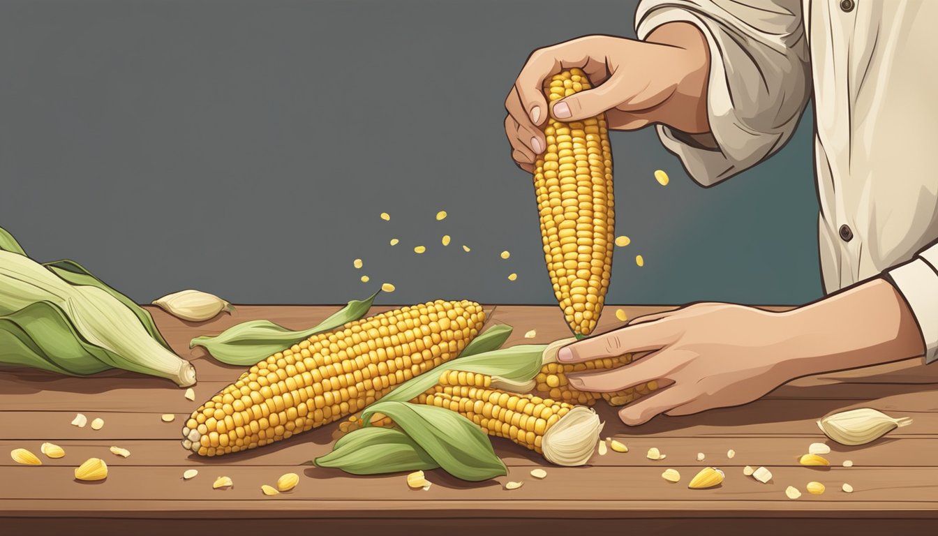 A person selecting and shucking raw corn, with husks and silk scattered on a wooden table