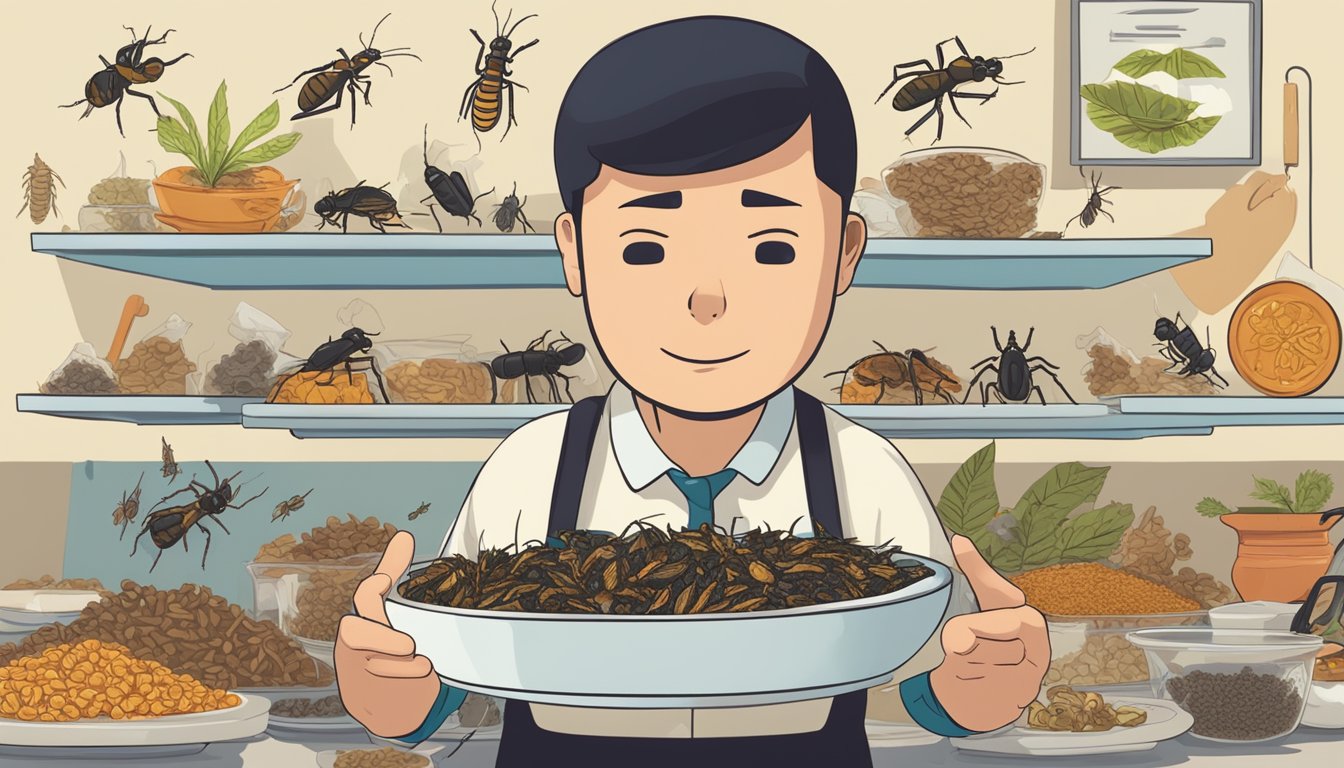 A person holding a plate of cooked edible insects with a question mark hovering over them, surrounded by various warning signs and symbols