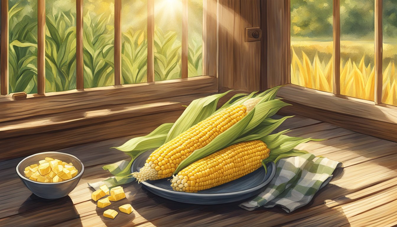 A rustic wooden table with freshly picked raw corn on the cob, a bowl of seasoned butter, and a grilling basket. Sunlight filters through a nearby window, casting warm shadows on the scene