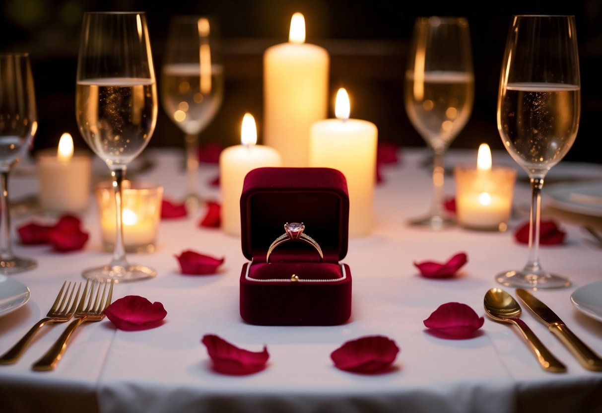 A candlelit dinner table with a velvet ring box placed in the center, surrounded by rose petals and champagne glasses