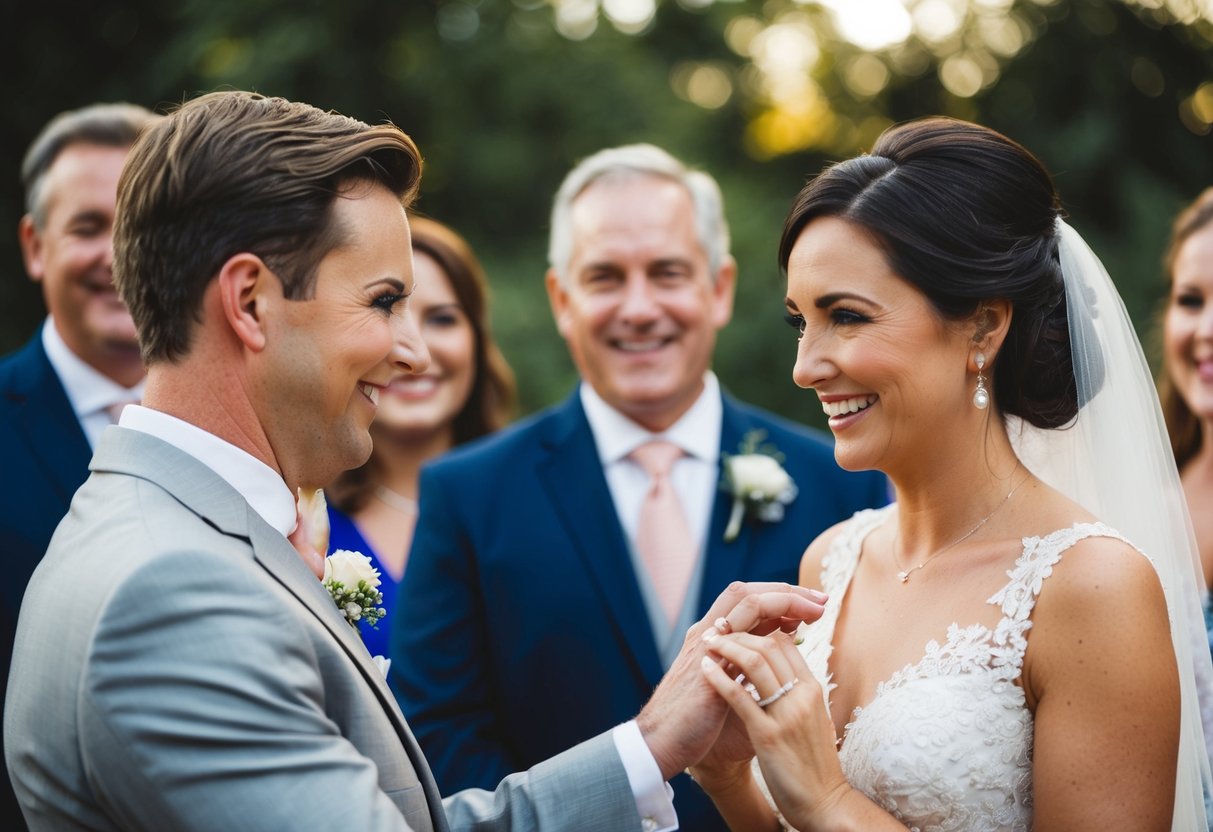 A man places a wedding band on a woman's finger, while both are smiling and surrounded by family and friends