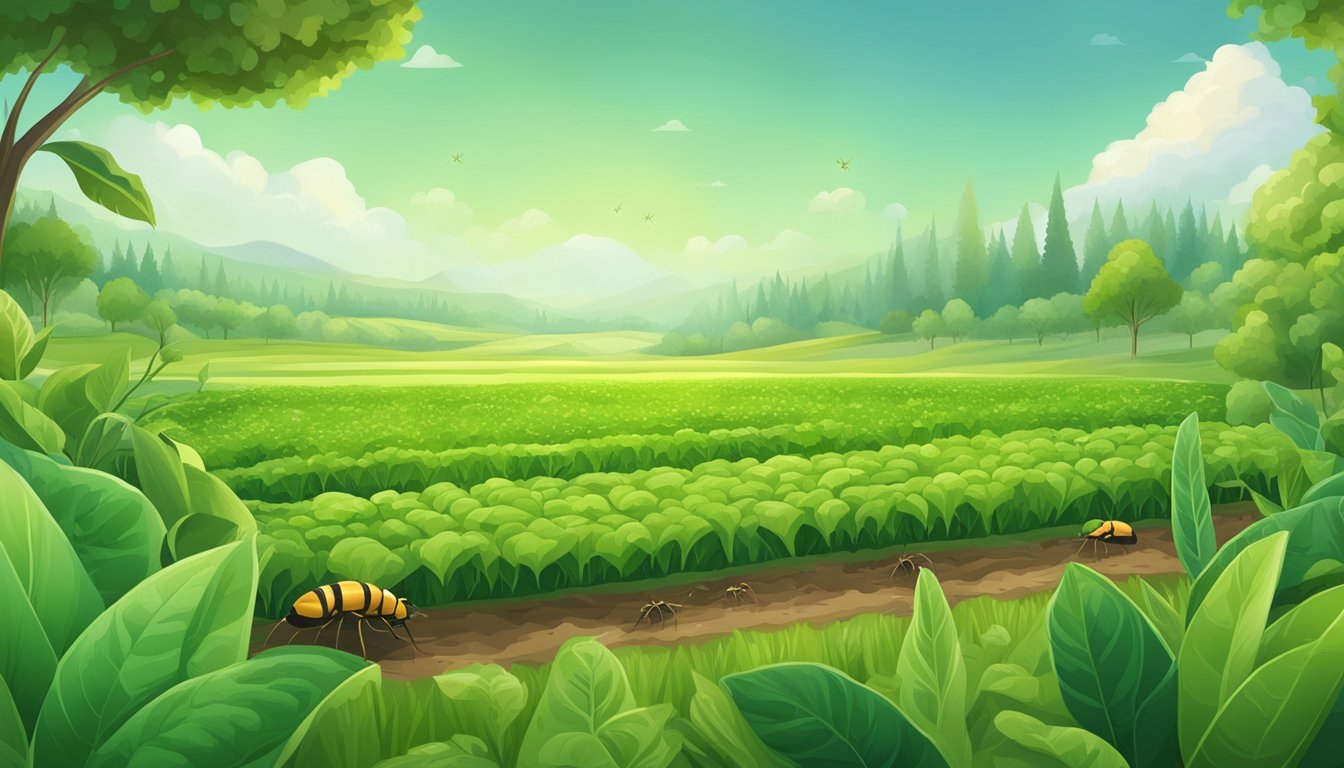 A lush green field with various edible insects crawling on plants and soil, surrounded by clean air and healthy crops