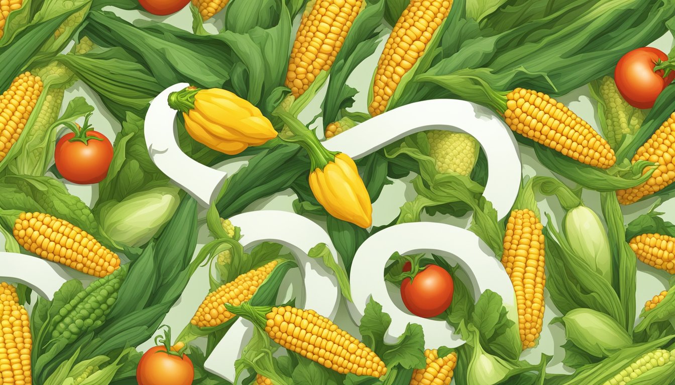 An illustration of unripe corn with a question mark above it, surrounded by other ripe vegetables