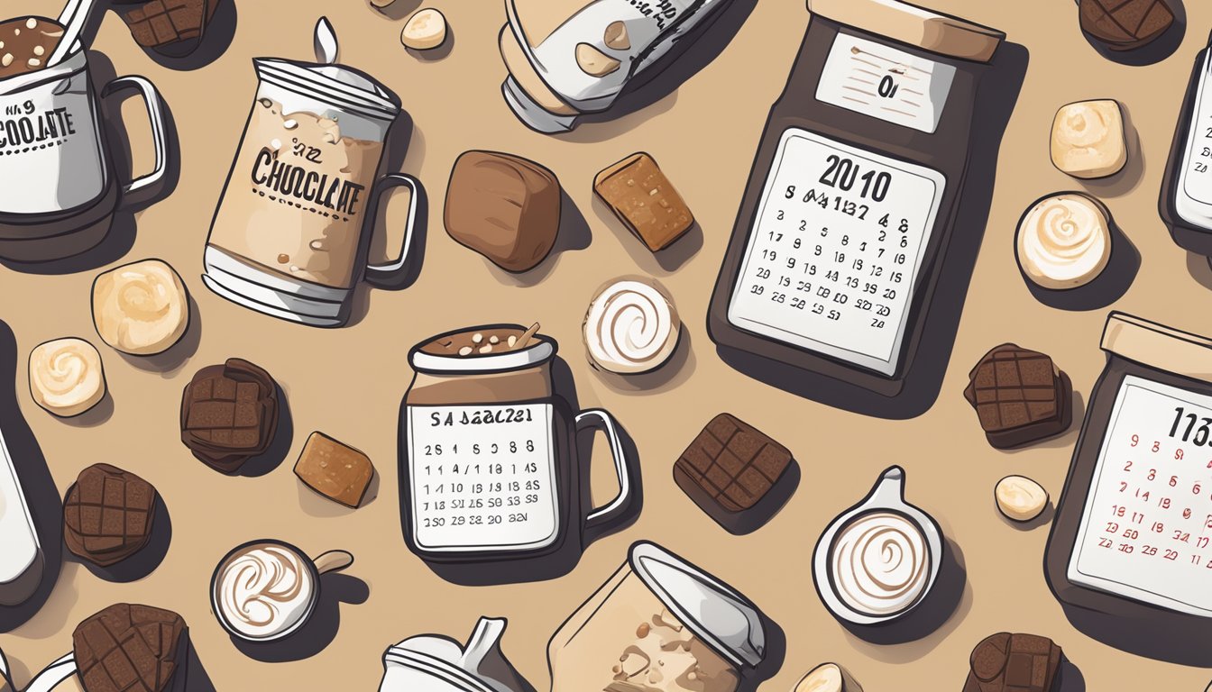 A variety of hot chocolate mixes displayed next to a calendar showing an expired date