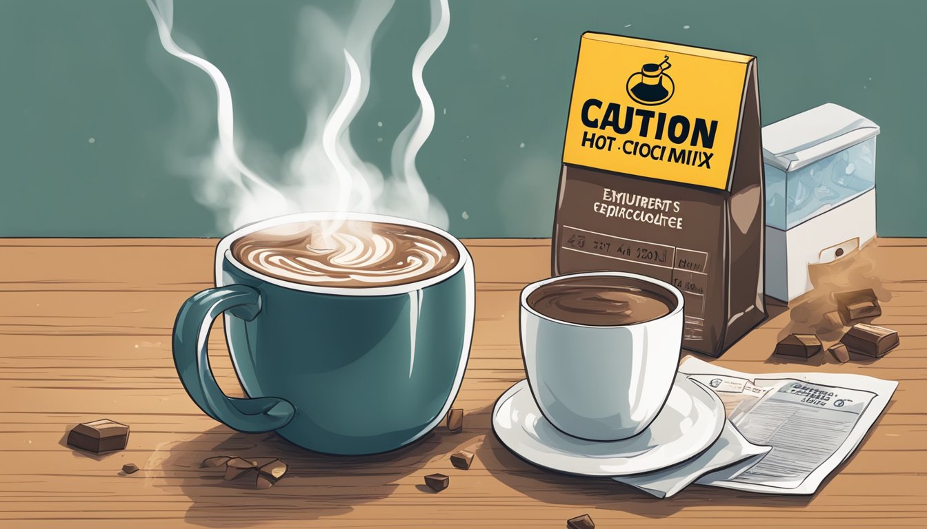 An open, expired hot chocolate mix box next to a steaming mug with a caution sign