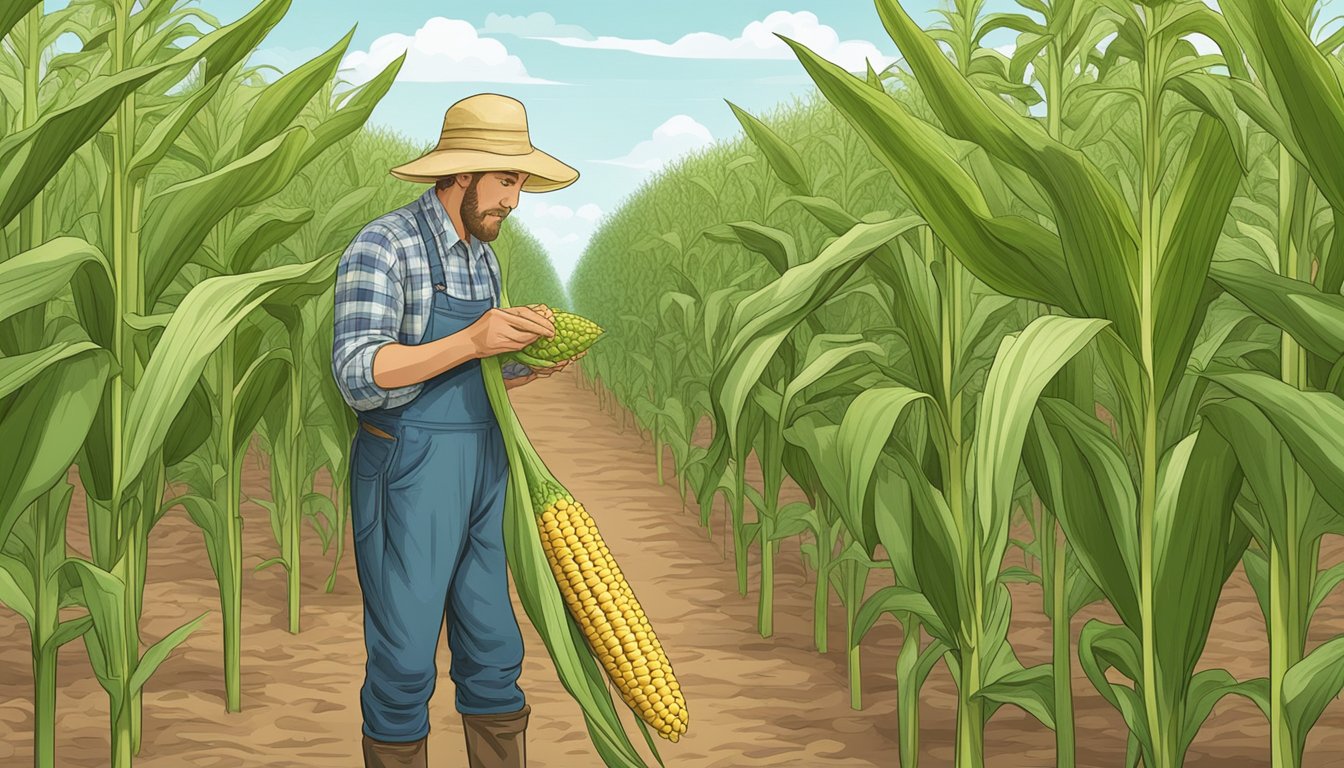 A farmer examines unripe corn, looking for signs of ripeness