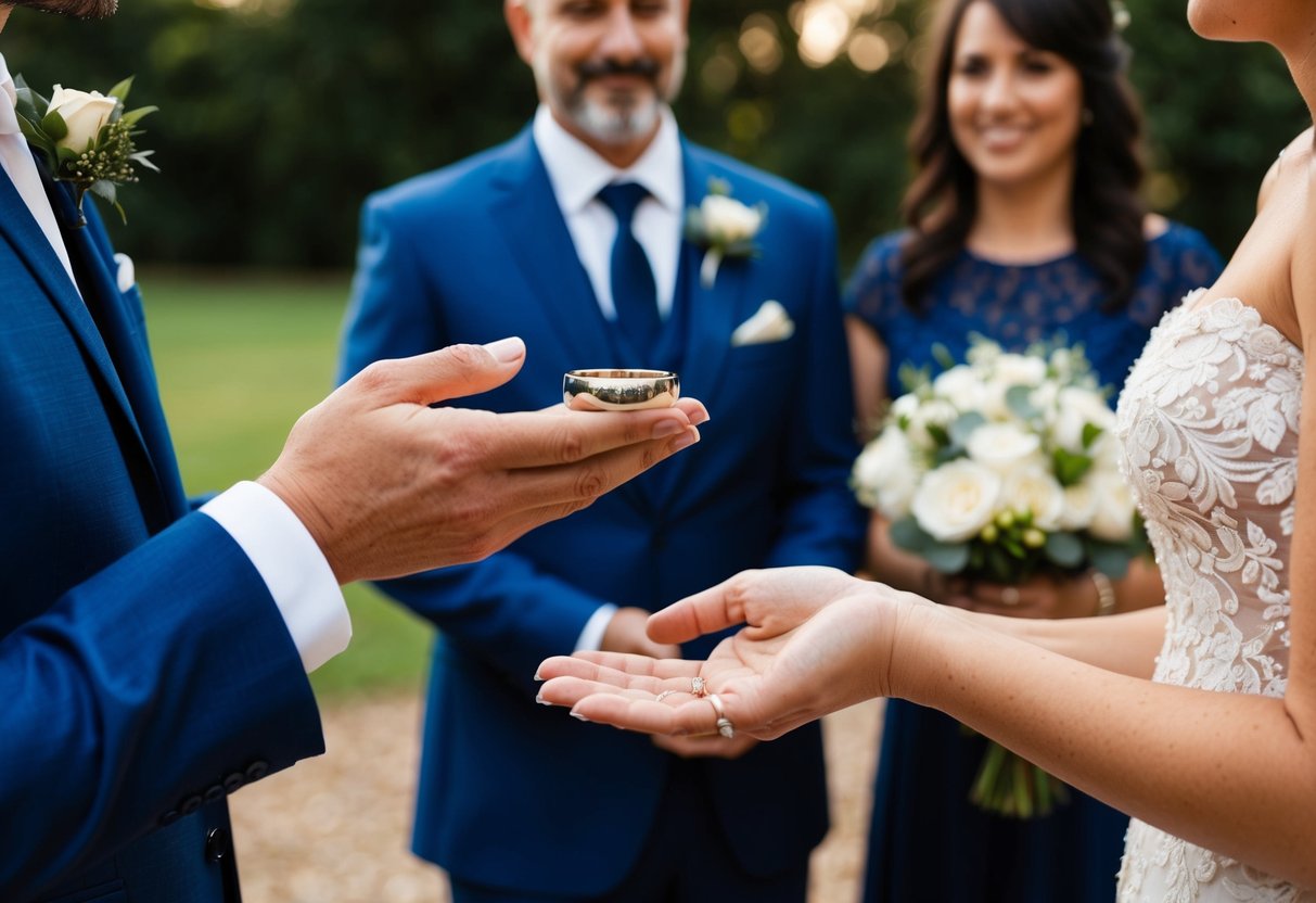 A groom's hand presents a wedding band to a bride's hand. A family member looks on, indicating the tradition of the groom's family paying for the wedding bands