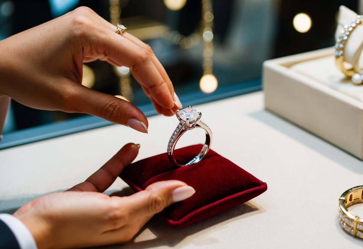 A hand placing a wedding ring on a velvet cushion in a jewelry store