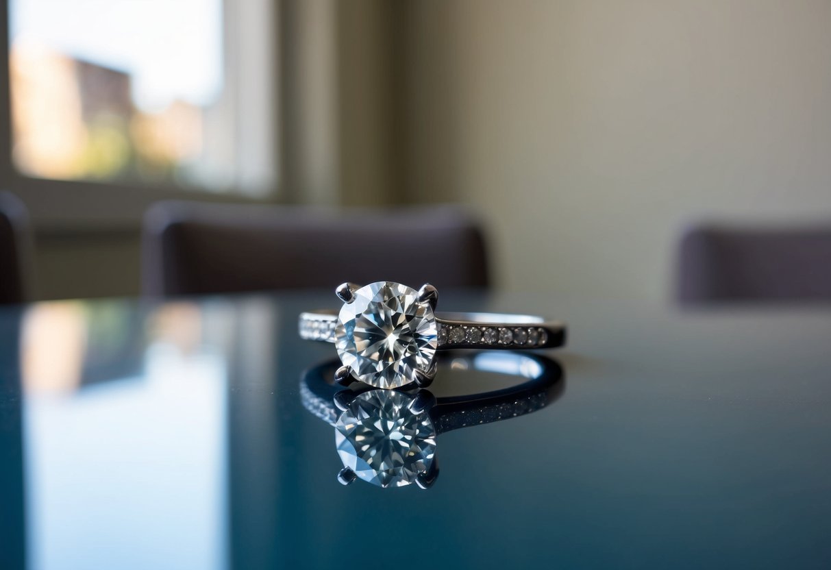 A diamond ring sits on a table, casting a glimmer in the soft light of a room. A faint reflection of the ring can be seen in the polished surface below