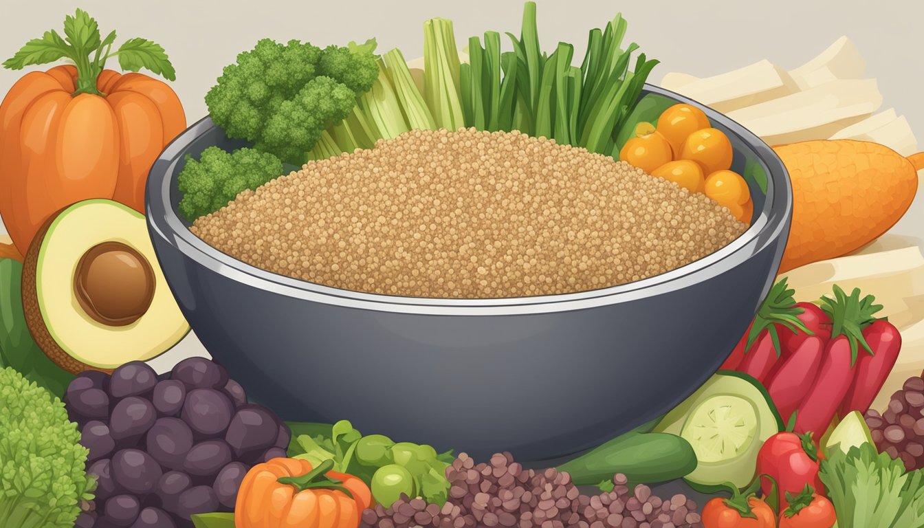 A bowl of cooked quinoa surrounded by various fresh vegetables and fruits, with a measuring tape and a nutrition label next to it