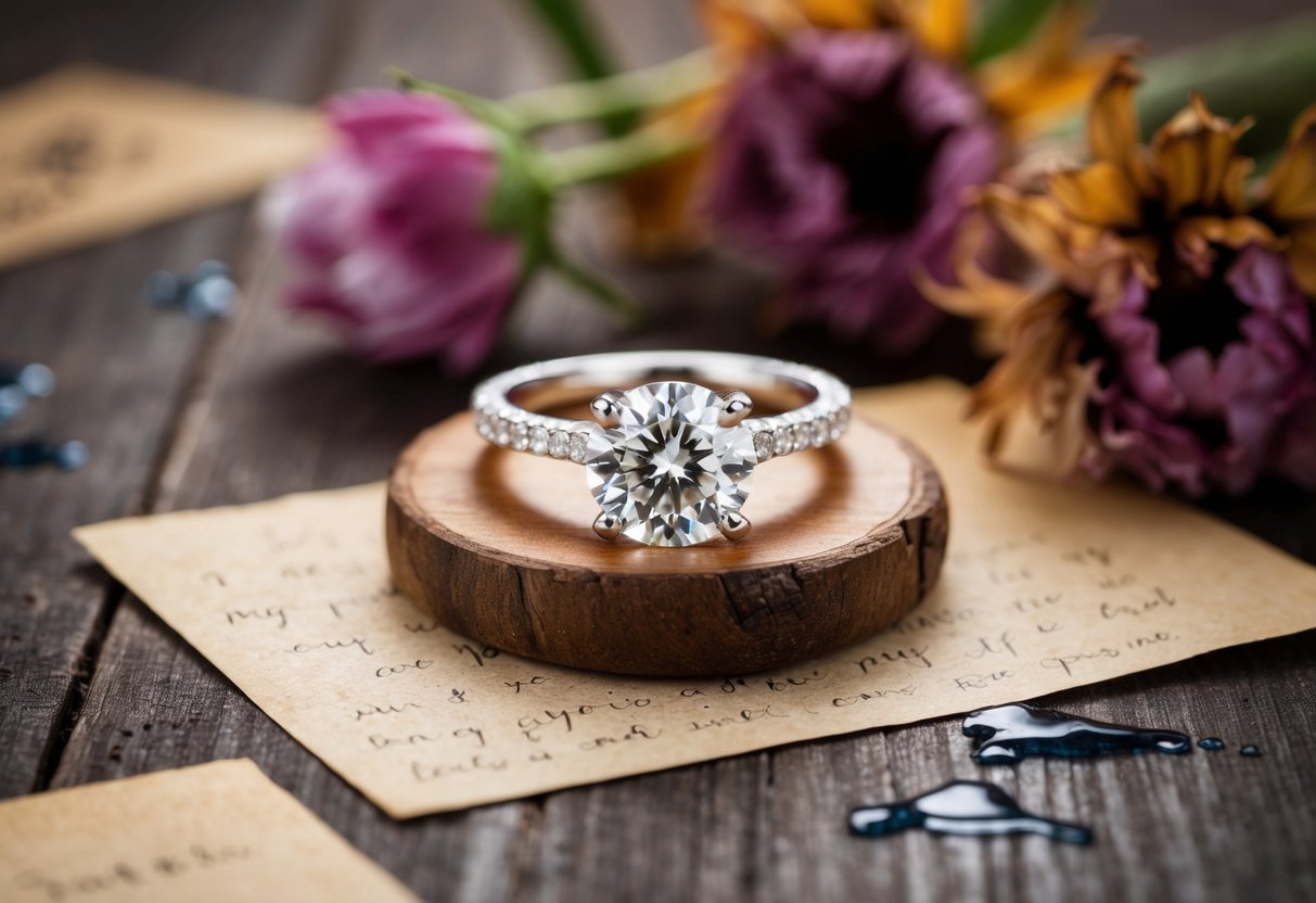 A glittering engagement ring sits atop a wooden table, surrounded by wilted flowers and tear-stained letters