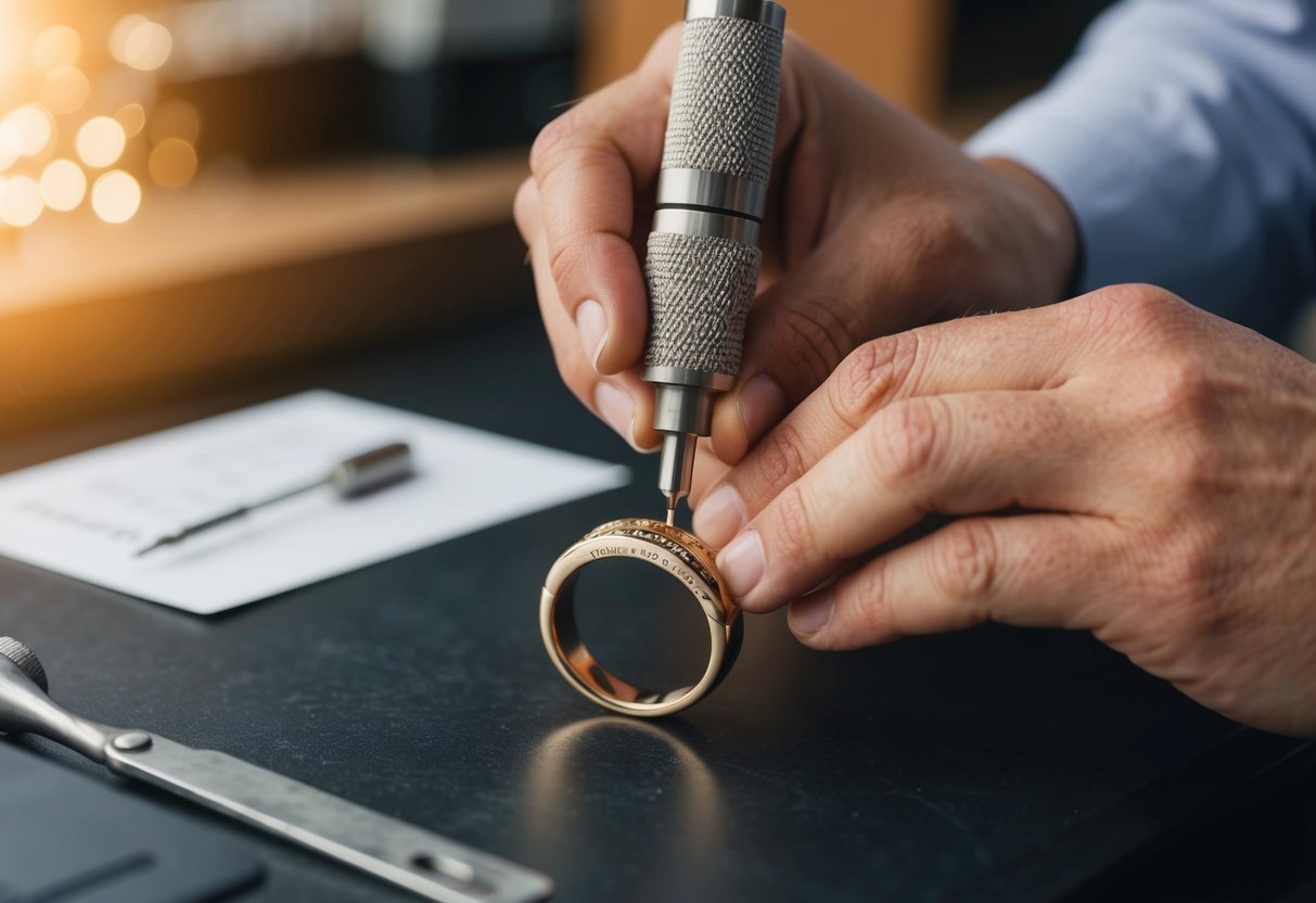 A jeweler carefully engraves a custom message onto a man's wedding ring, adding a personal touch to the symbol of love and commitment