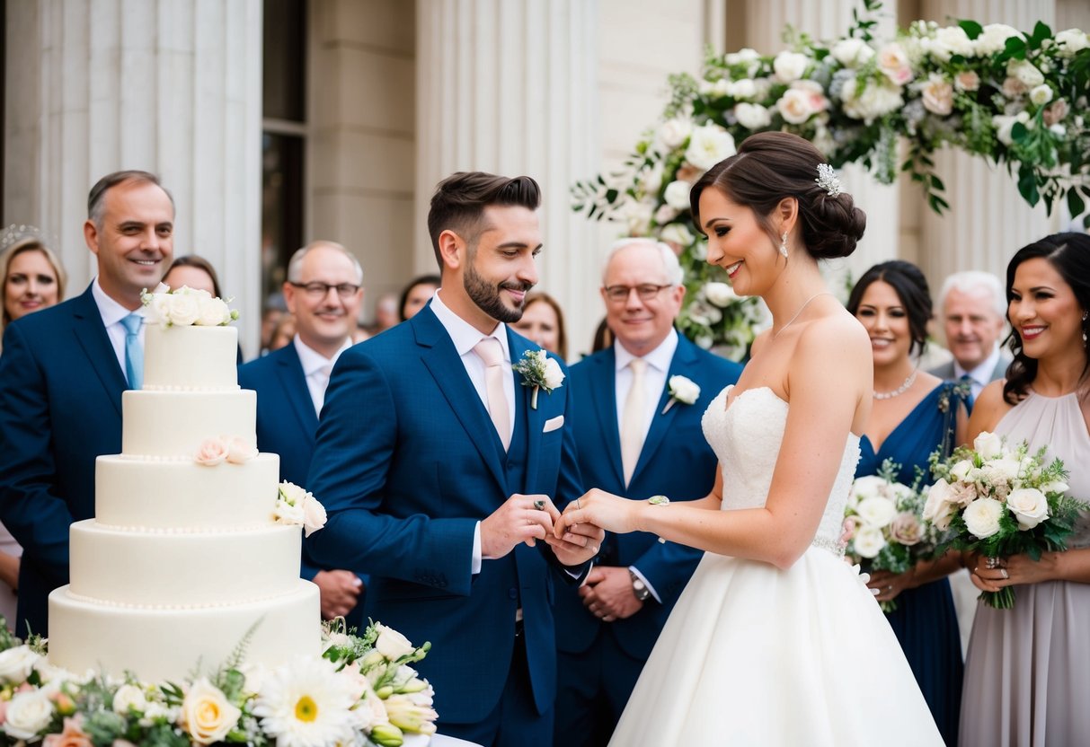 A bride and groom stand surrounded by flowers, a tiered cake, and elegant decorations. They exchange rings in front of friends and family