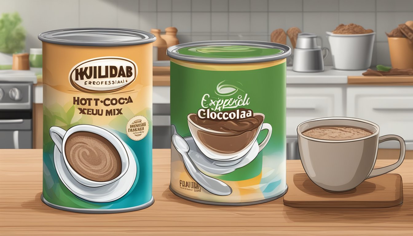 A cup of expired hot cocoa mix with a foul odor, clumped texture, and discolored appearance sits on a kitchen counter