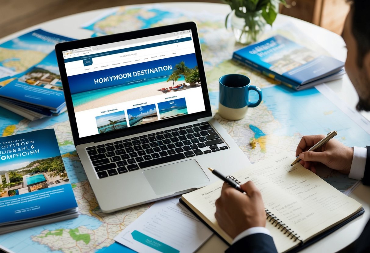 A table covered in travel brochures and maps, with a laptop open to a honeymoon destination website. A pen hovers over a notebook filled with notes and ideas