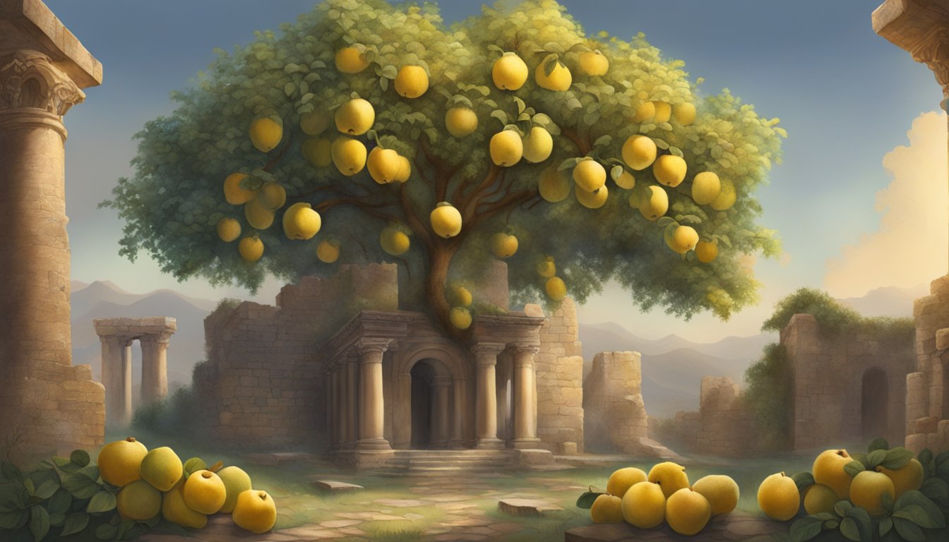 A quince tree surrounded by ancient ruins, with a soft glow emanating from the fruit, hinting at its historical significance and mythical allure