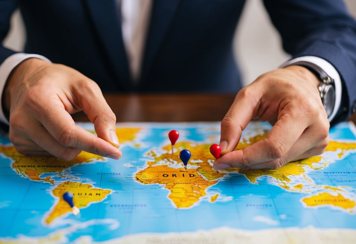 A couple's hands placing pins on a world map, marking potential honeymoon destinations