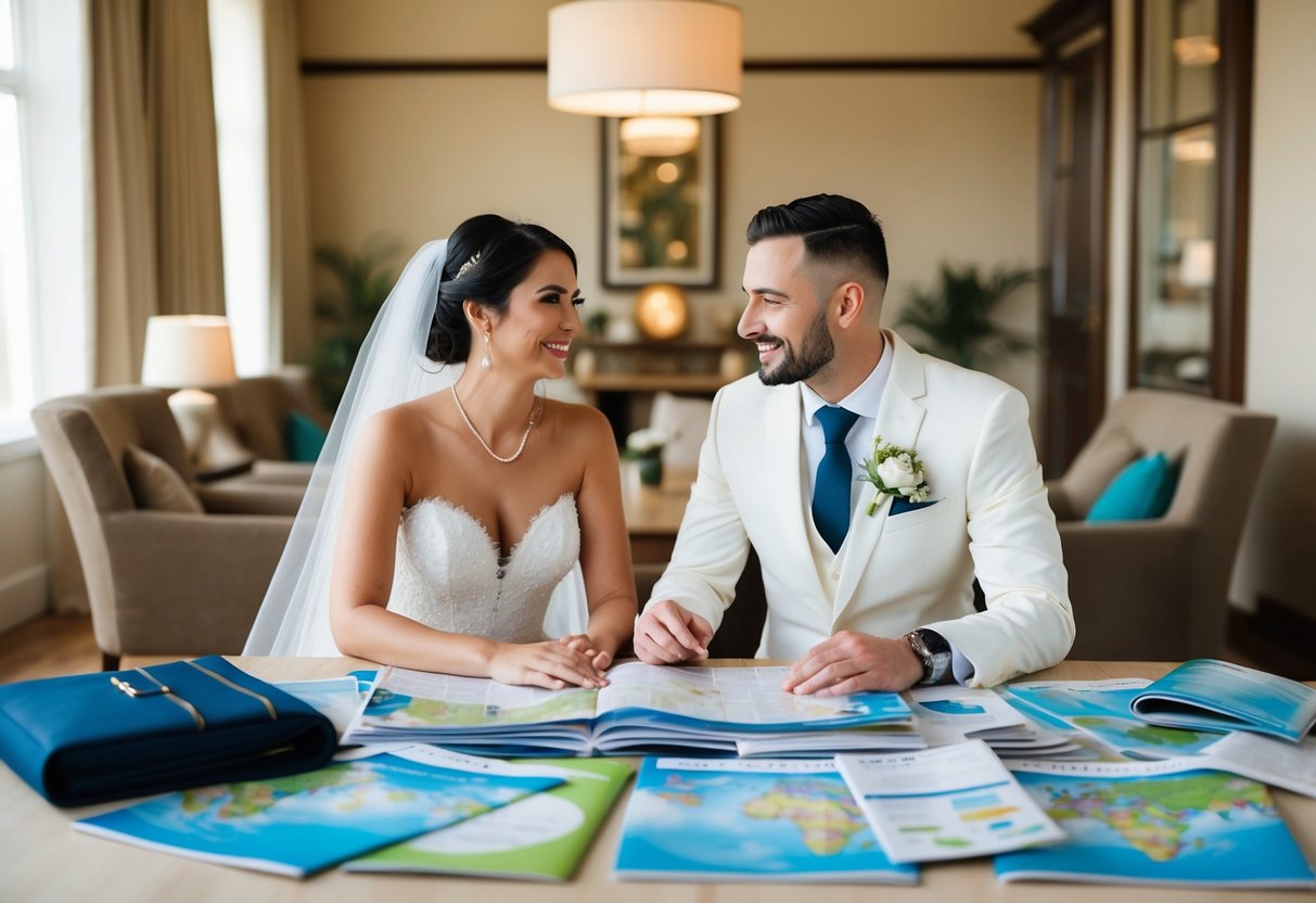 A bride and groom sit together at a table covered in travel brochures and maps, discussing and planning their honeymoon destination