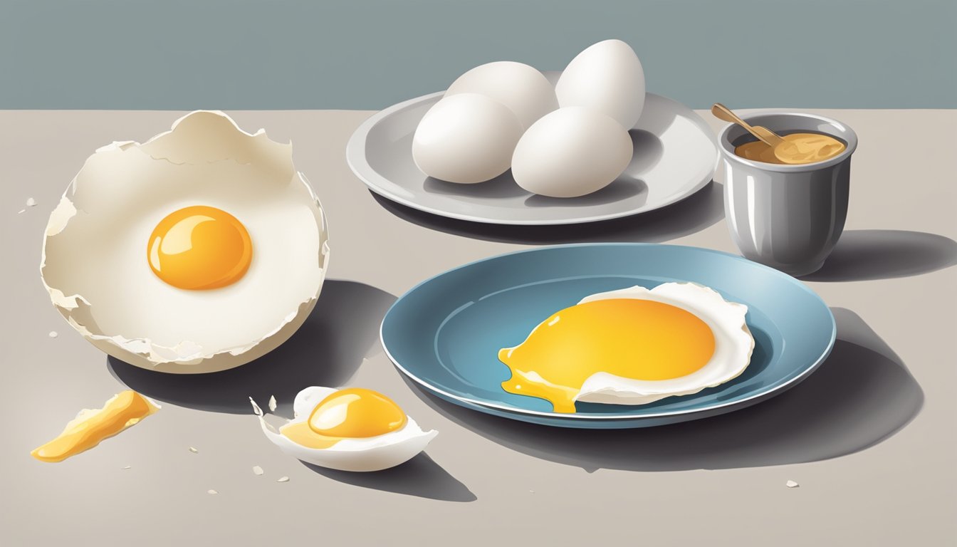 A broken eggshell next to a plate of food, with a question mark hovering above it