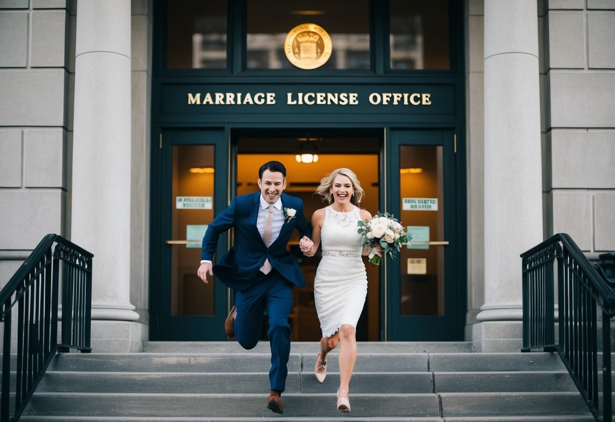 A couple running into a courthouse with a sign reading "Marriage License Office" above the entrance