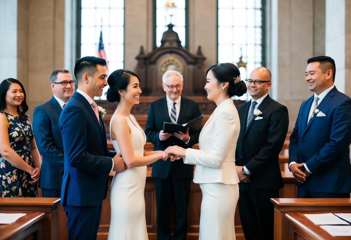 A couple exchanging vows at a city hall with a small group of witnesses