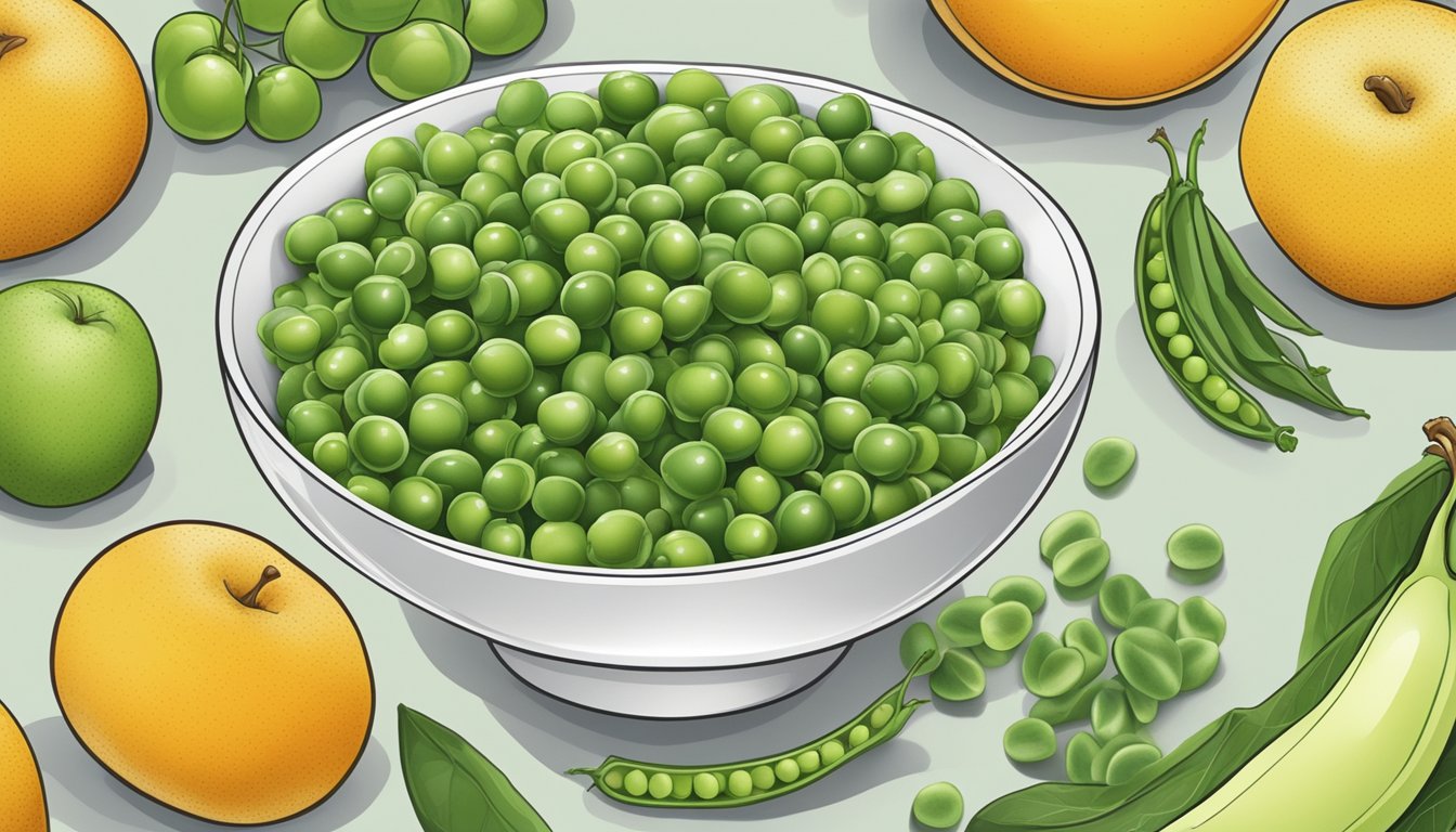 A bowl of unripe peas next to a variety of fruits for comparison