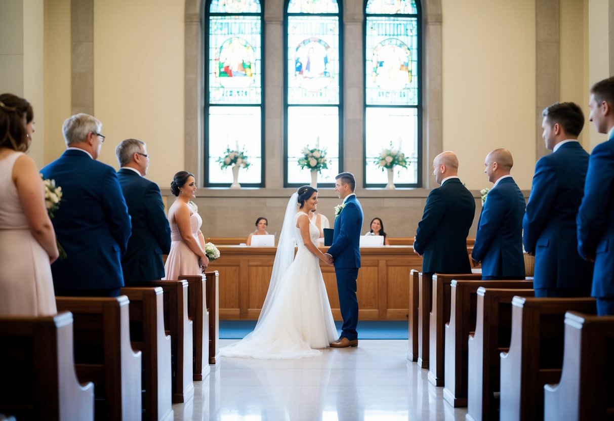 A small, simple wedding ceremony in a city hall or courthouse with minimal decorations and a small number of guests