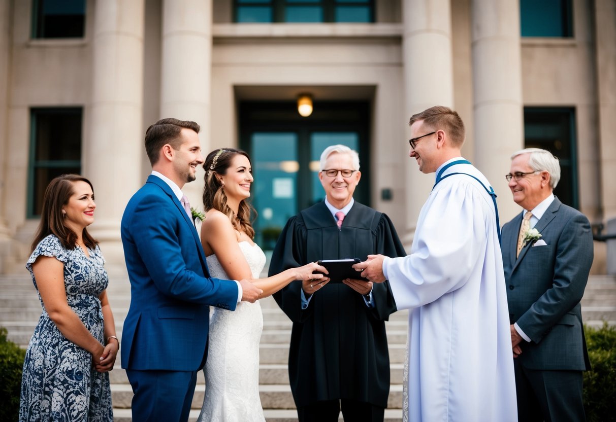 A couple standing in front of a courthouse with a small group of friends and family, exchanging vows as a justice of the peace officiates
