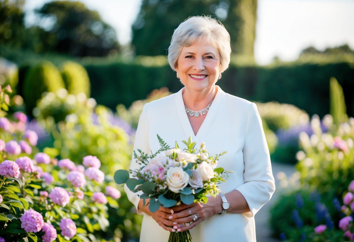 A 60-year-old woman standing in a garden surrounded by blooming flowers, holding a bouquet and smiling while a wedding ring glimmers on her finger