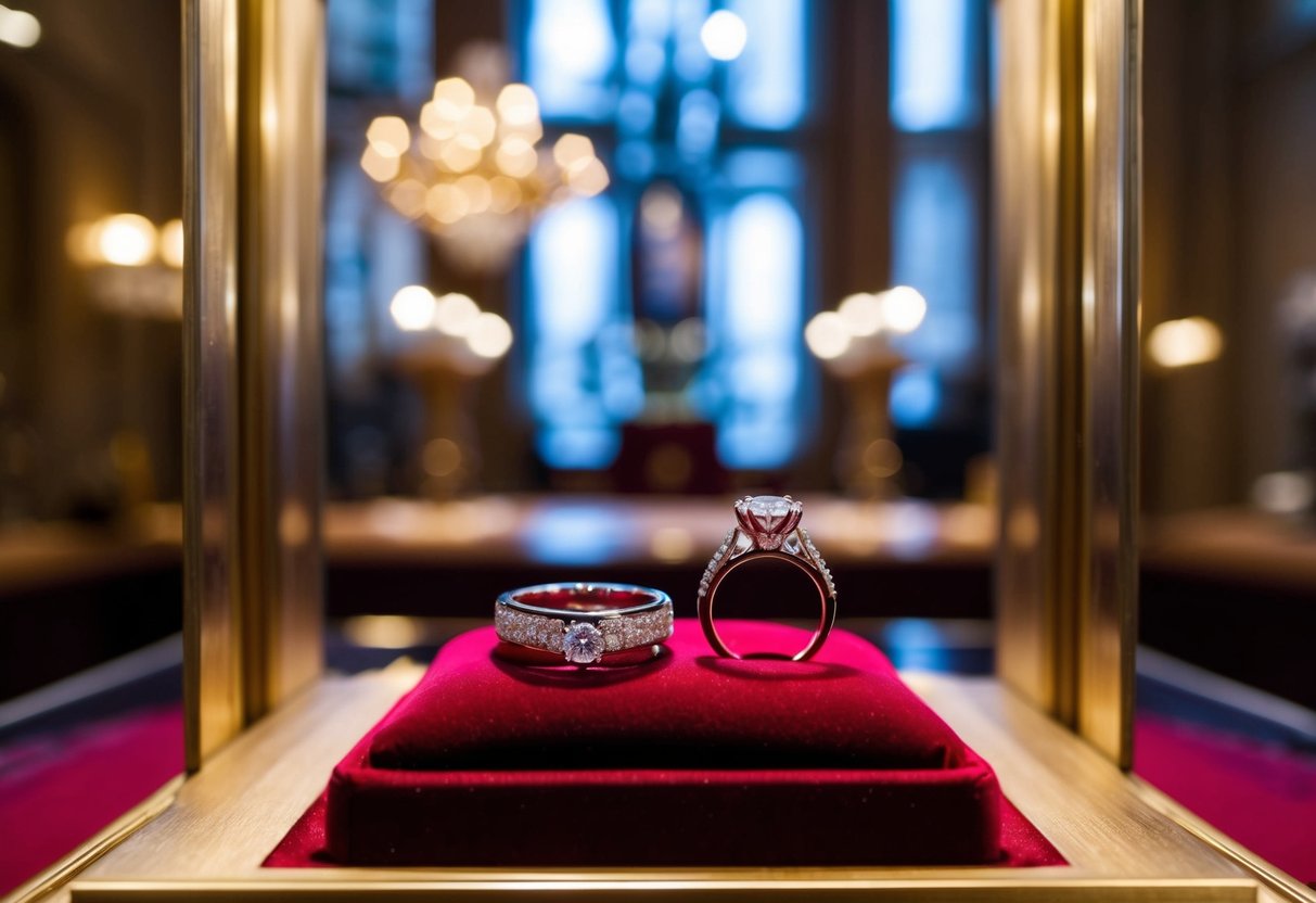 The queen's wedding and engagement rings sit atop a velvet cushion, gleaming under soft light in a grand display case