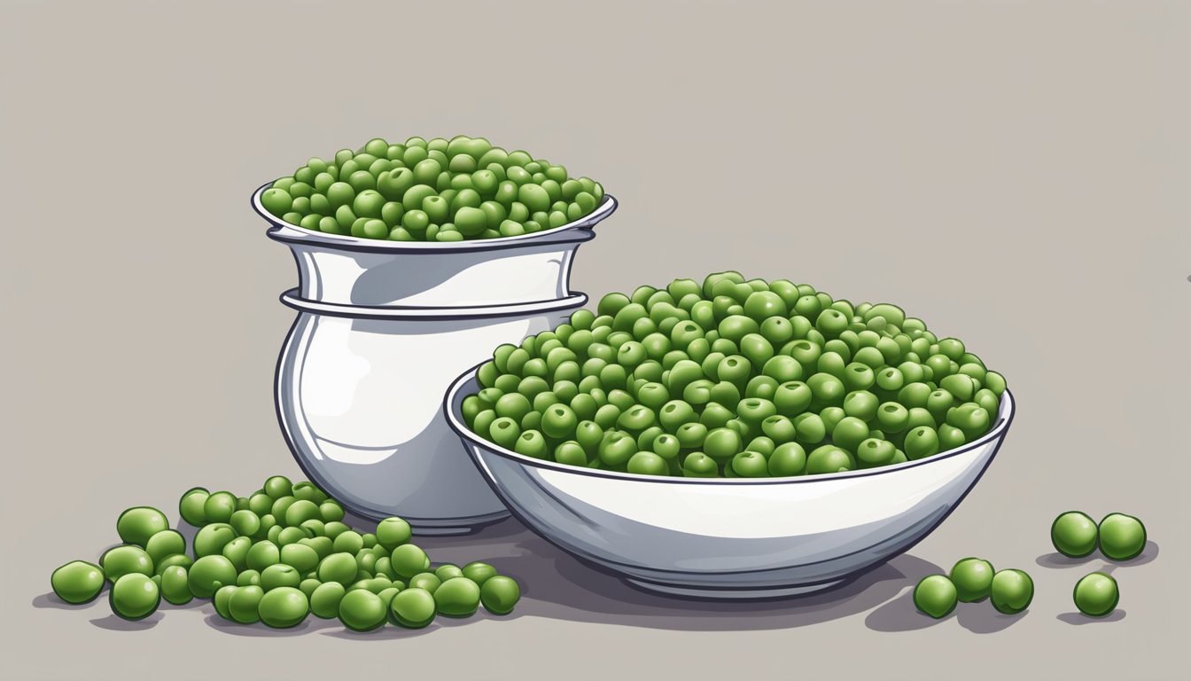 A bowl of unripe peas next to a pile of ripe peas, with a question mark hovering above them