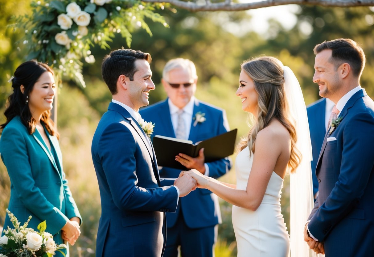 A couple exchanging vows in a simple outdoor ceremony, surrounded by nature and close friends