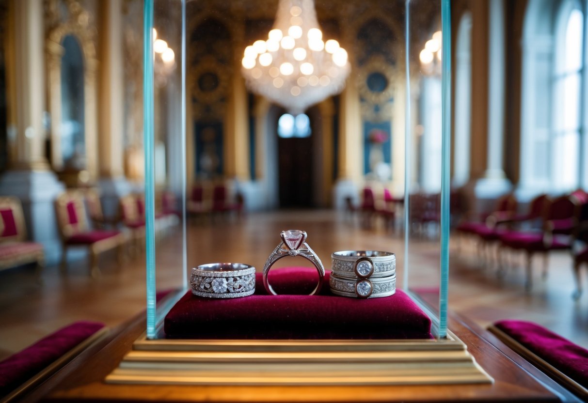A regal engagement ring sits atop a velvet cushion, flanked by ornate wedding bands, all displayed in a glass case within a grand palace