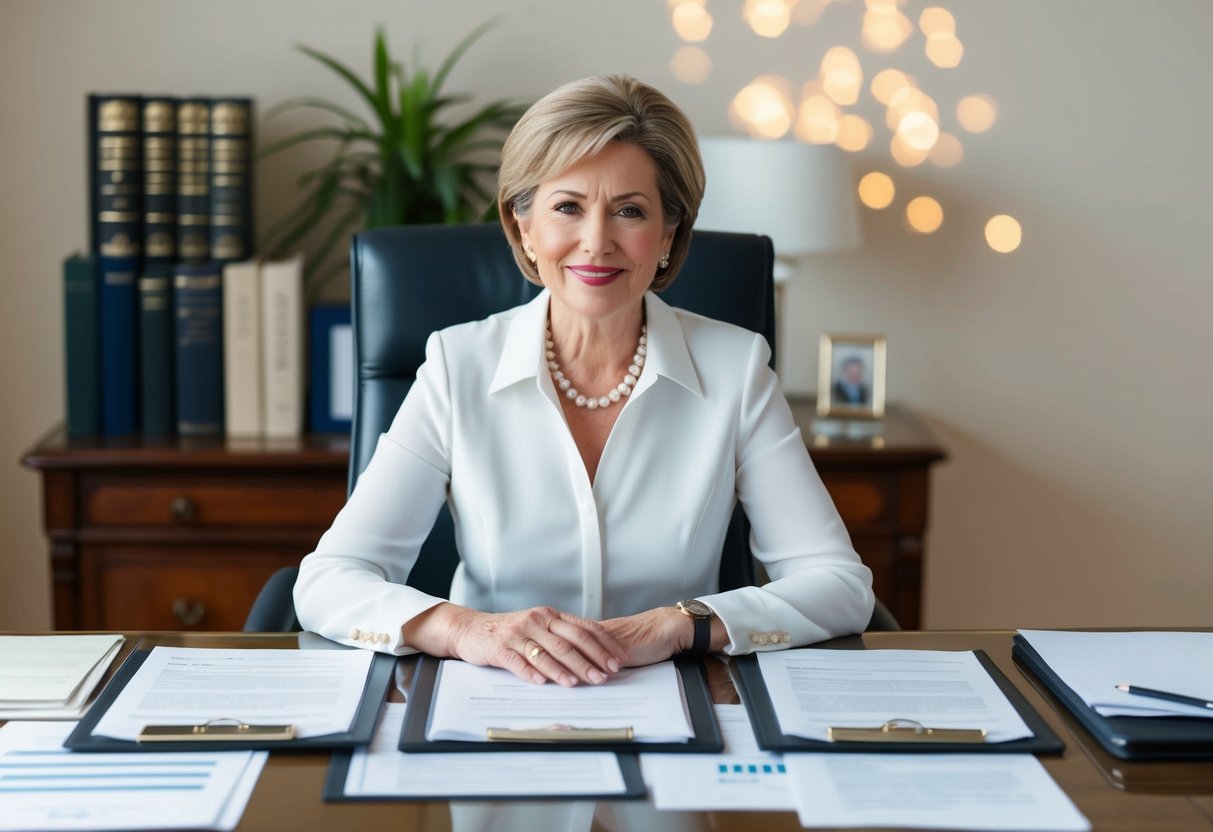 A 60-year-old woman sitting at a desk surrounded by legal and financial documents, with a wedding ring and a marriage certificate on the table